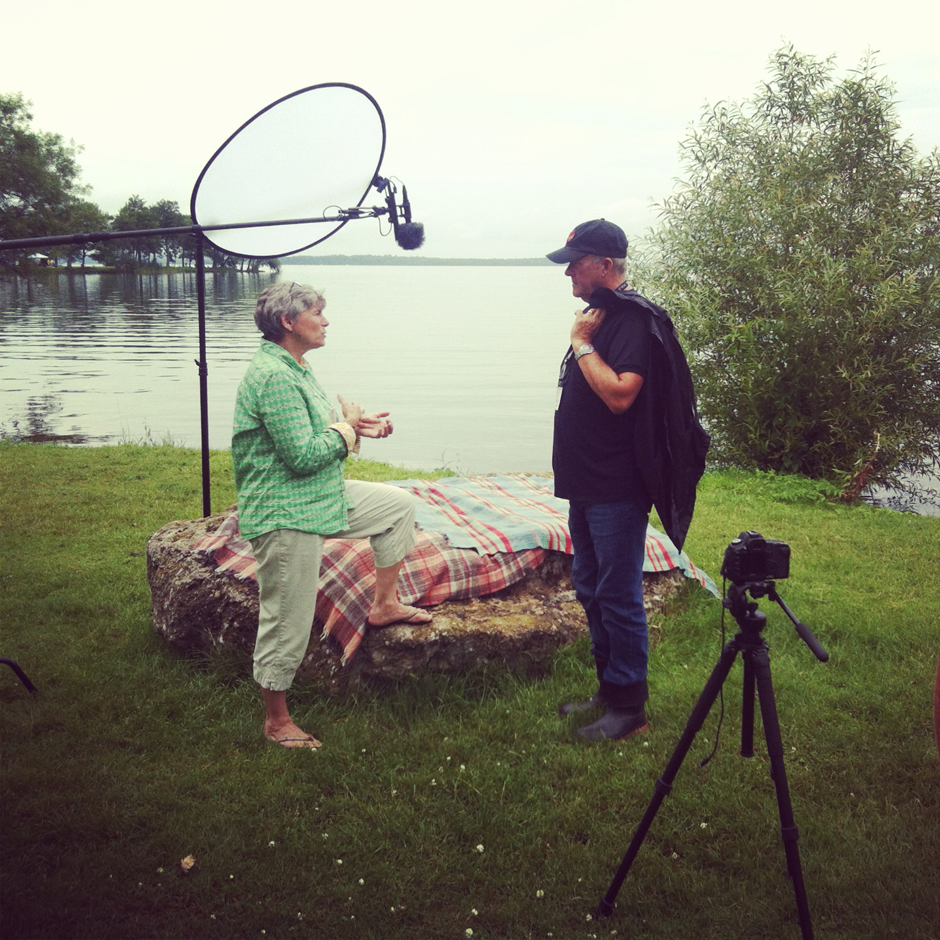 Canadian Who's Who editor in chief, Susan Charters, talks to Murray McLauchlan at the Mariposa Folk Festival in Orillia, Ontario